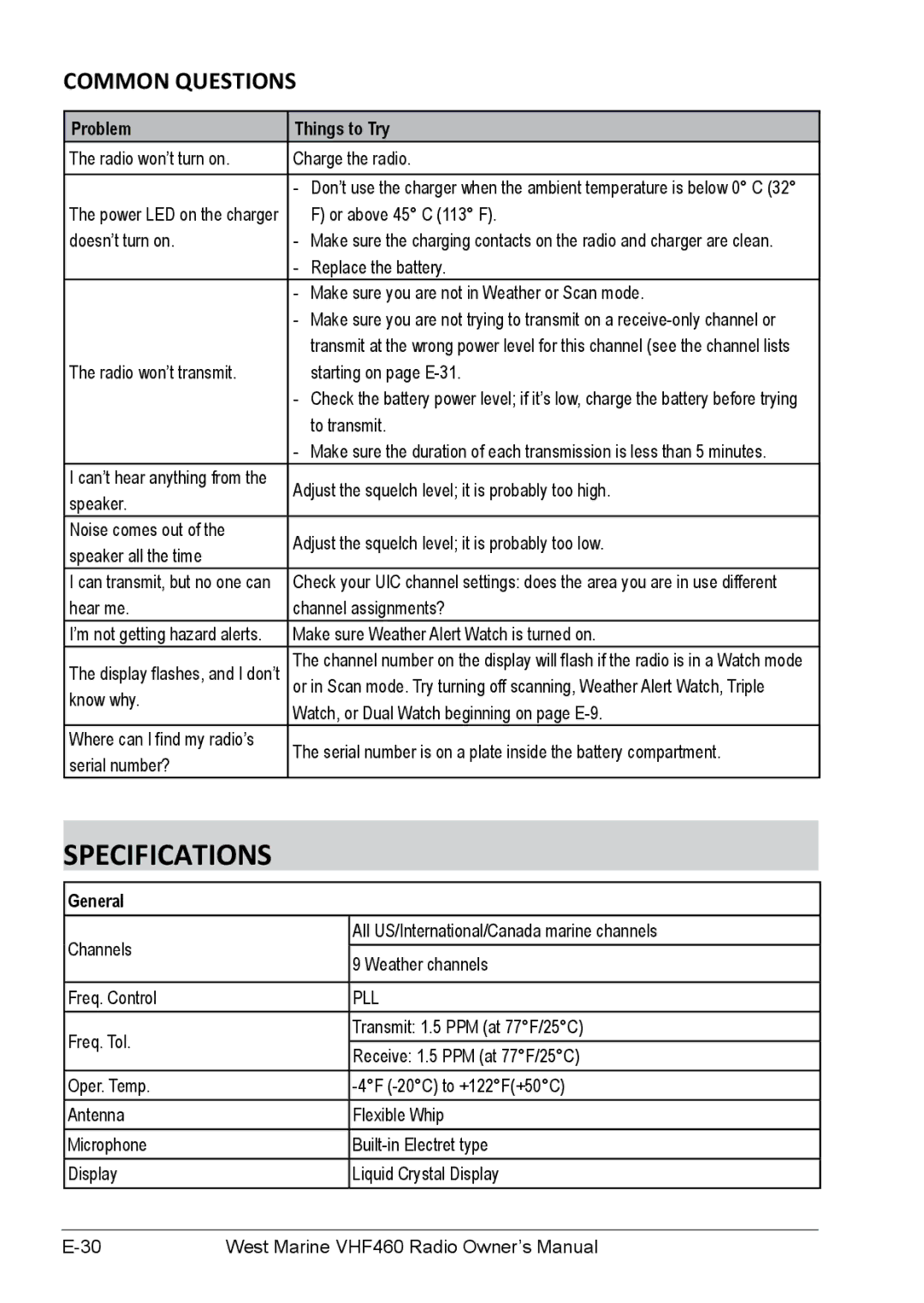 West Marine VHF155, VHF460 manual Specifications, Common Questions, Problem Things to Try, General 