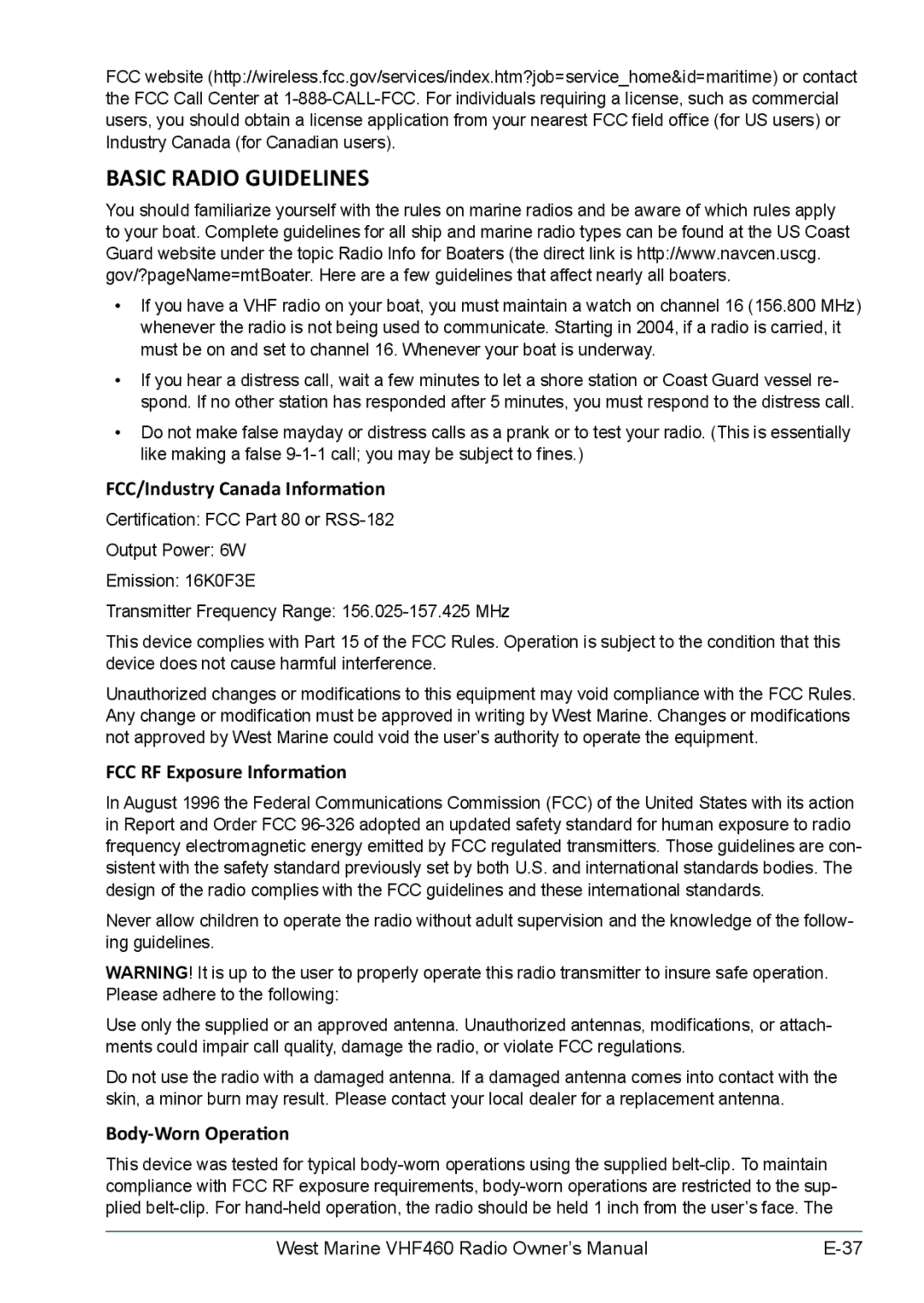 West Marine VHF460, VHF155 manual Basic Radio Guidelines, FCC/Industry Canada Information 