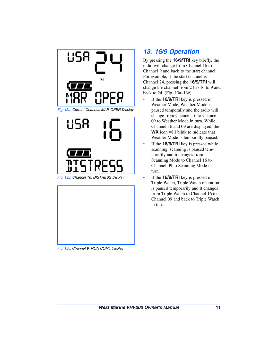 West Marine VHF200 manual 13 /9 Operation, Channel 16, Distress Display 