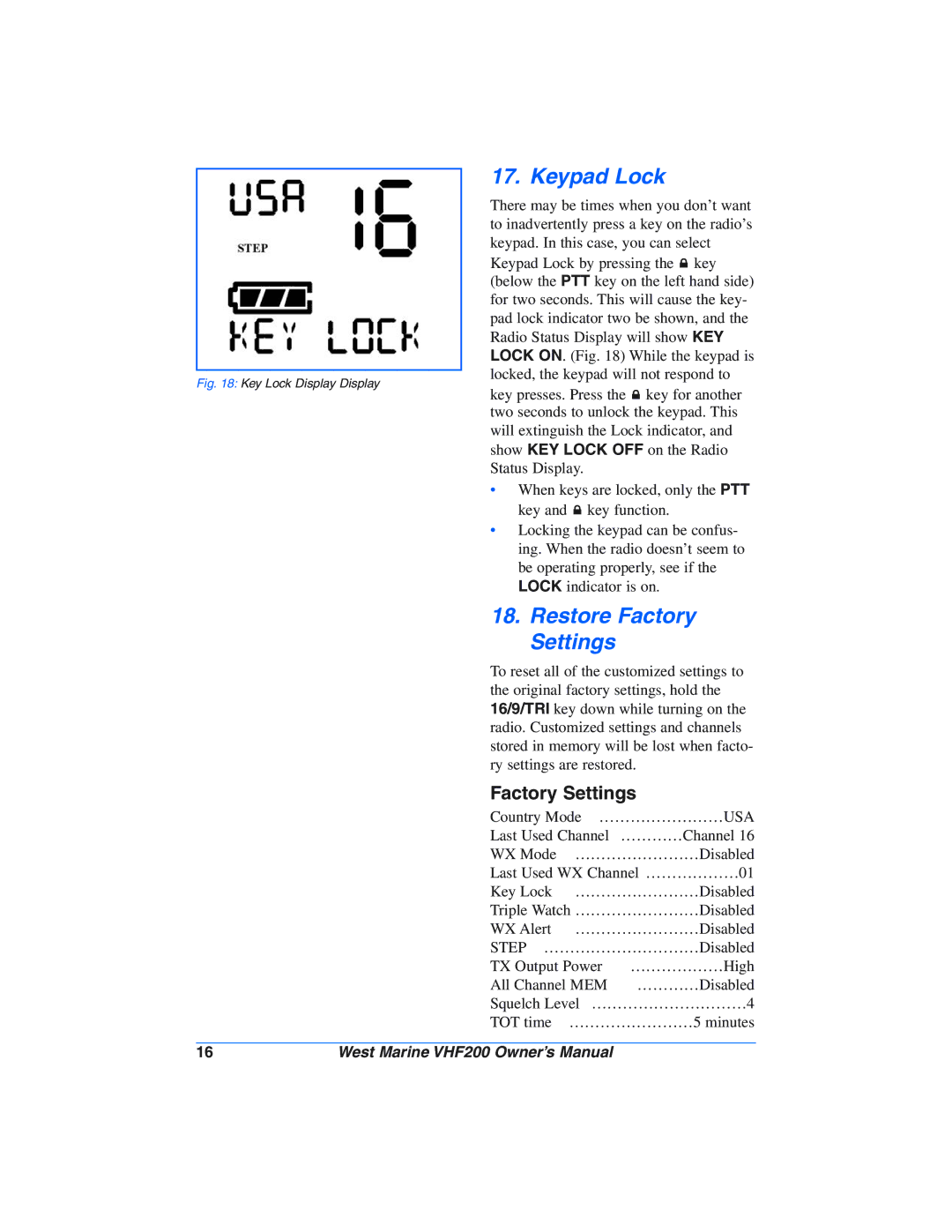 West Marine VHF200 manual Keypad Lock, Restore Factory Settings 