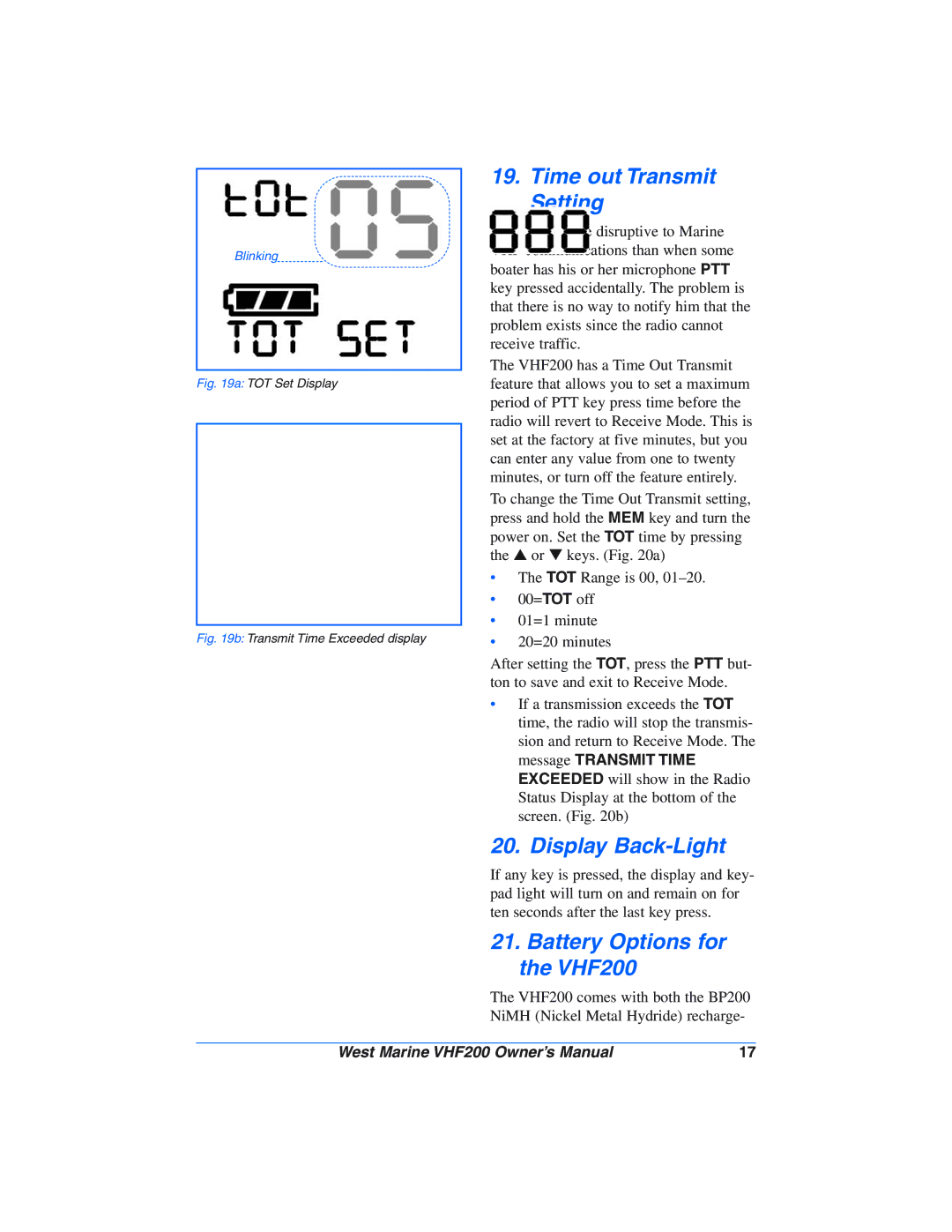 West Marine manual Time out Transmit Setting, Display Back-Light, Battery Options for the VHF200 