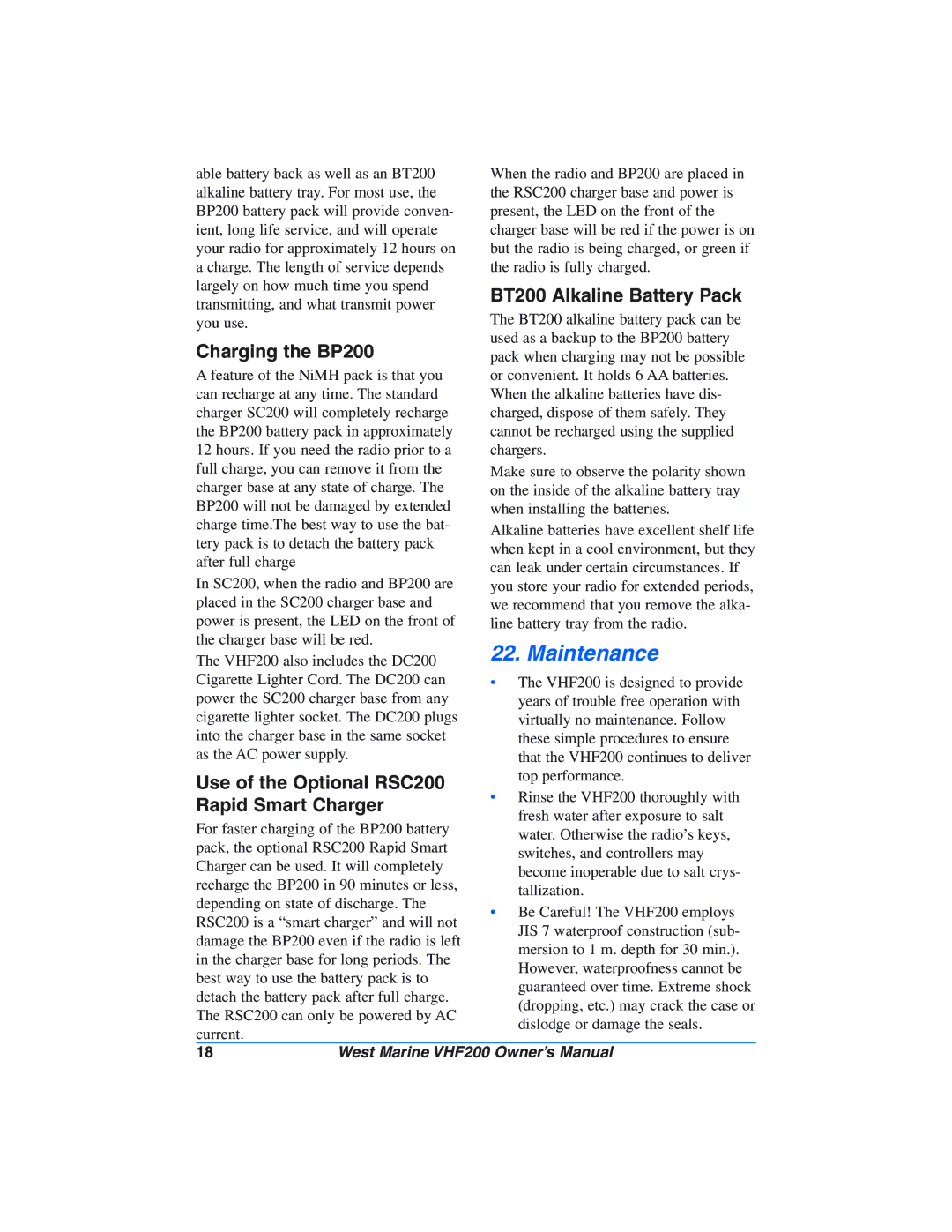 West Marine VHF200 manual Maintenance, BT200 Alkaline Battery Pack, Charging the BP200, Use of the Optional RSC200 