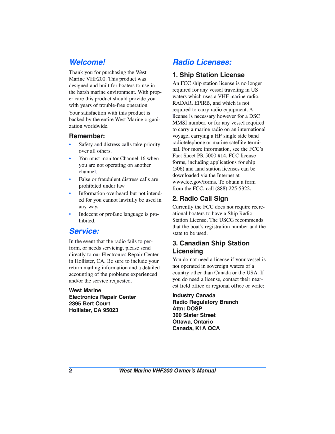 West Marine VHF200 manual Welcome, Service, Radio Licenses 