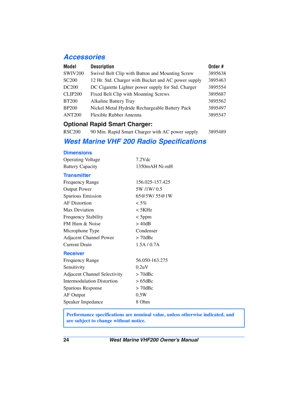 West Marine VHF200 manual Accessories, West Marine VHF 200 Radio Specifications, Optional Rapid Smart Charger 