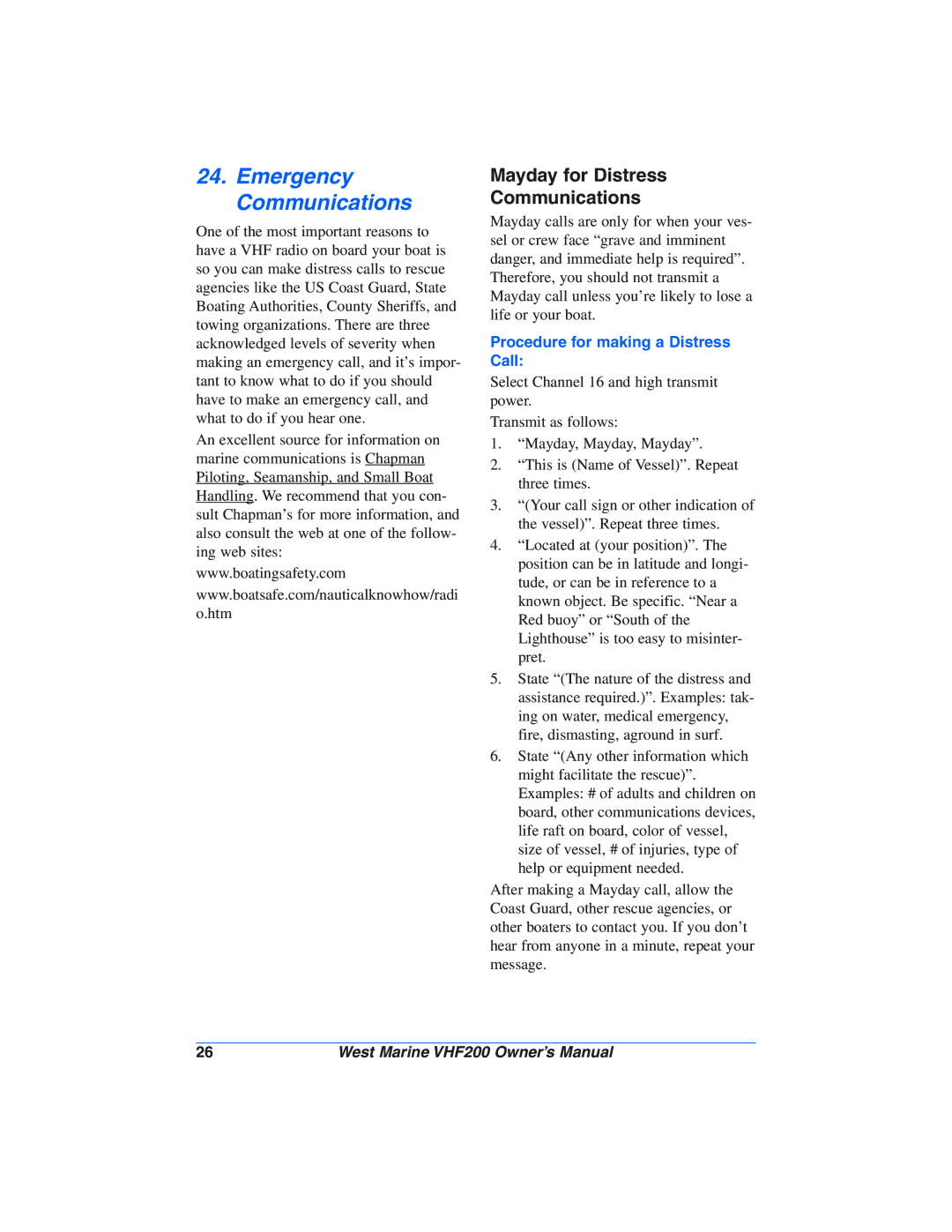 West Marine VHF200 manual Emergency Communications, Mayday for Distress Communications 