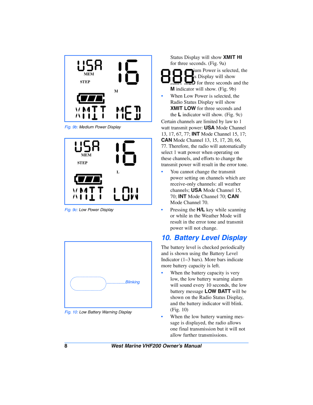 West Marine VHF200 manual Battery Level Display, Medium Power Display 