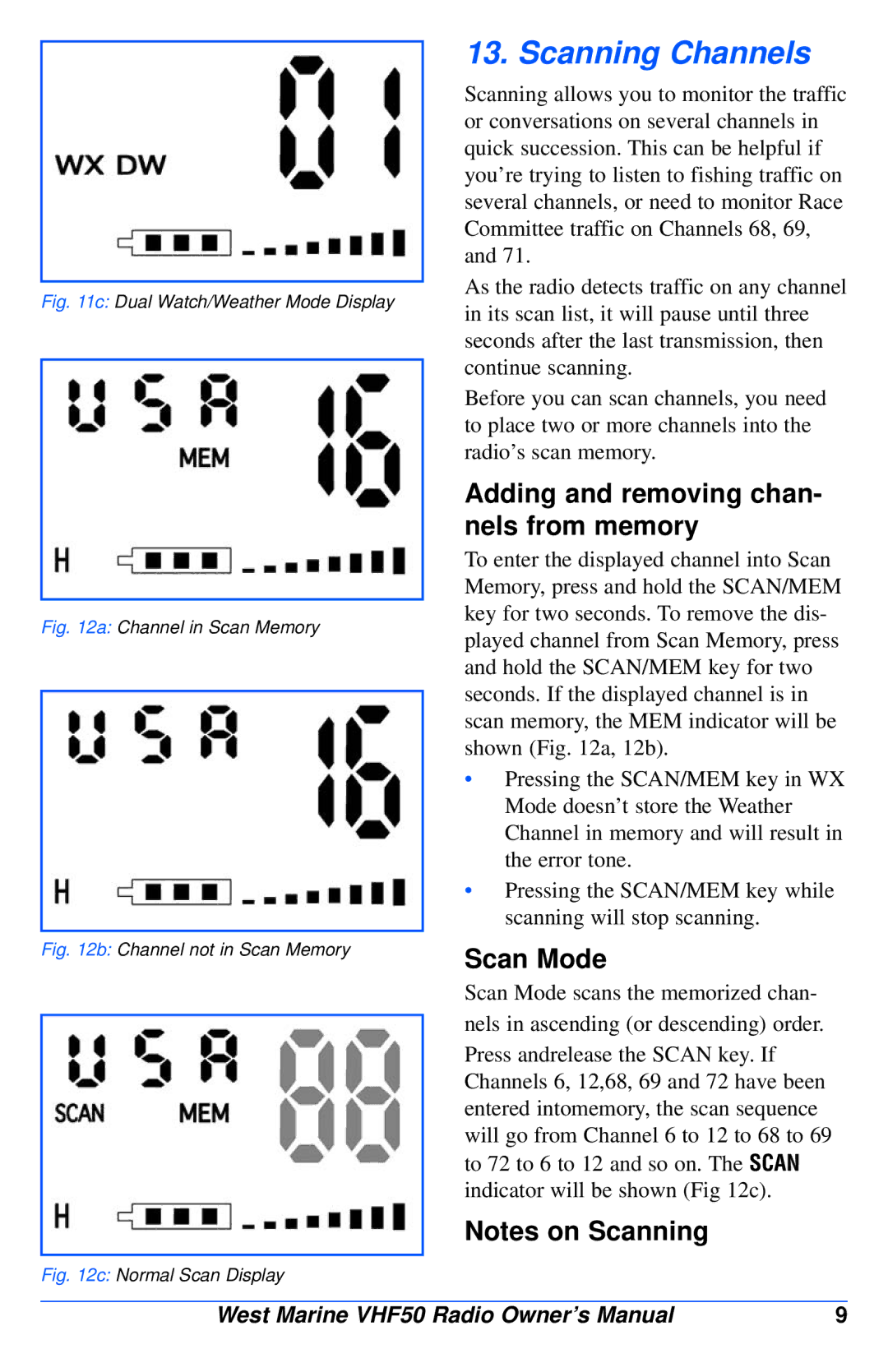 West Marine VHF50 manual Scanning Channels, Adding and removing chan- nels from memory, Scan Mode 