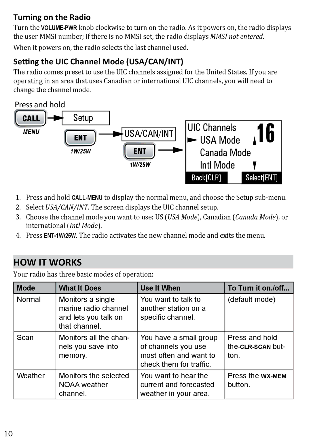 West Marine VHF580 manual How It Works, Turning on the Radio, Setting the UIC Channel Mode USA/CAN/INT 