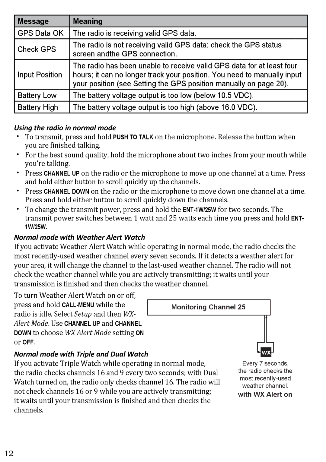 West Marine VHF580 manual Message Meaning, Using the radio in normal mode, Normal mode with Weather Alert Watch 