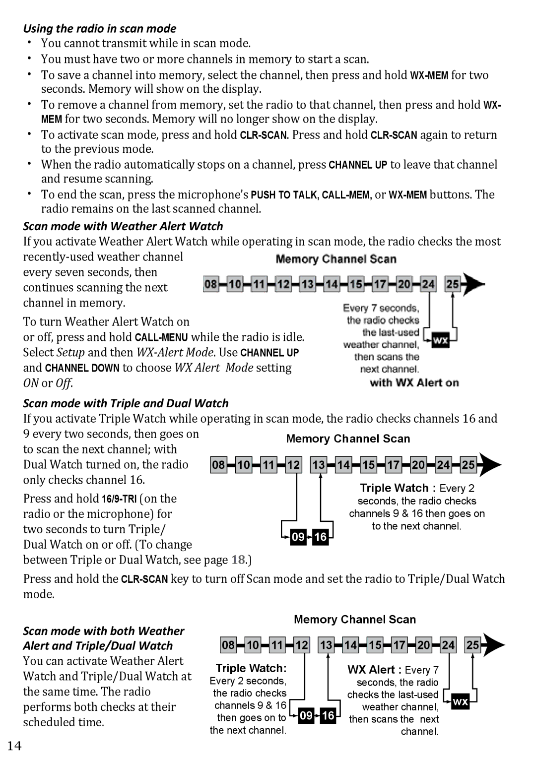 West Marine VHF580 Using the radio in scan mode, Scan mode with Weather Alert Watch, Scan mode with Triple and Dual Watch 