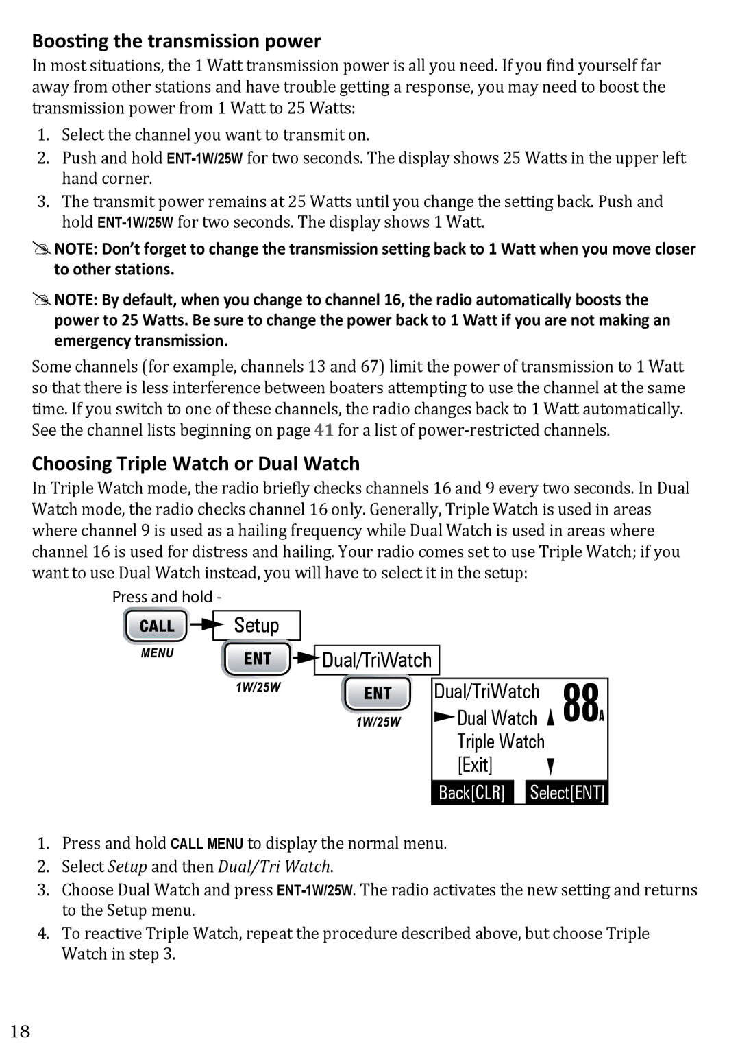 West Marine VHF580 manual Boosting the transmission power, Choosing Triple Watch or Dual Watch 