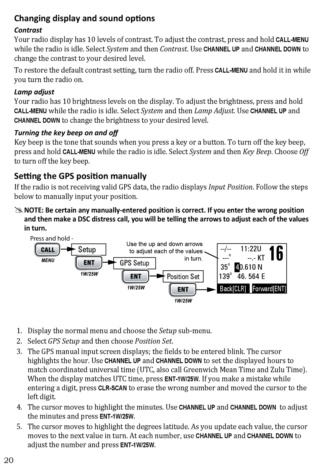 West Marine VHF580 Changing display and sound options, Setting the GPS position manually, Contrast, Lamp adjust 