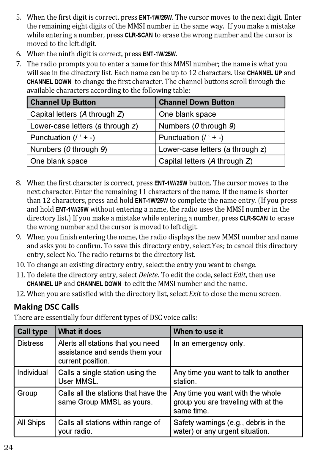 West Marine VHF580 manual Making DSC Calls, Channel Up Button Channel Down Button, Call type What it does When to use it 