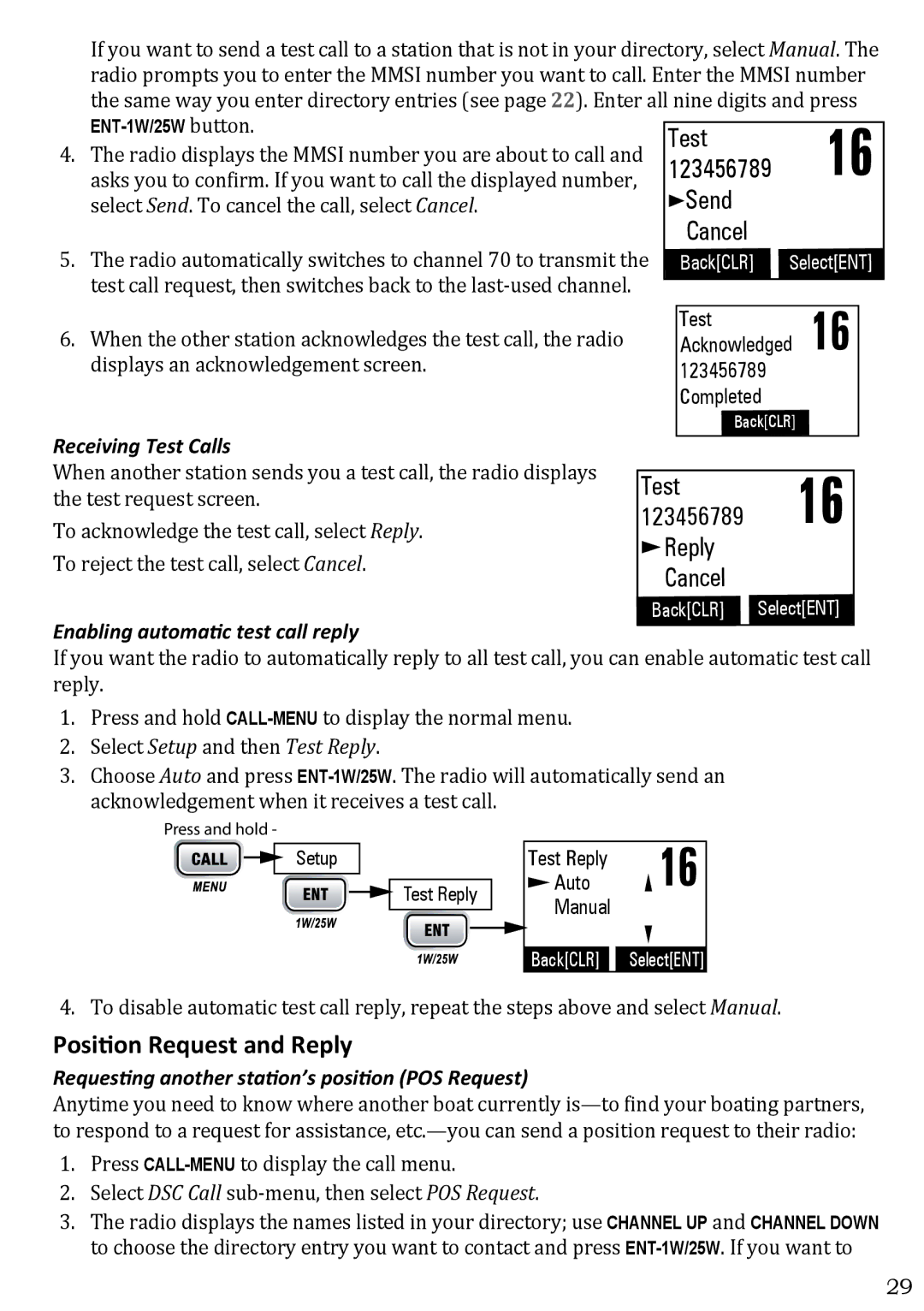 West Marine VHF580 manual Position Request and Reply, Receiving Test Calls, Enabling automatic test call reply 