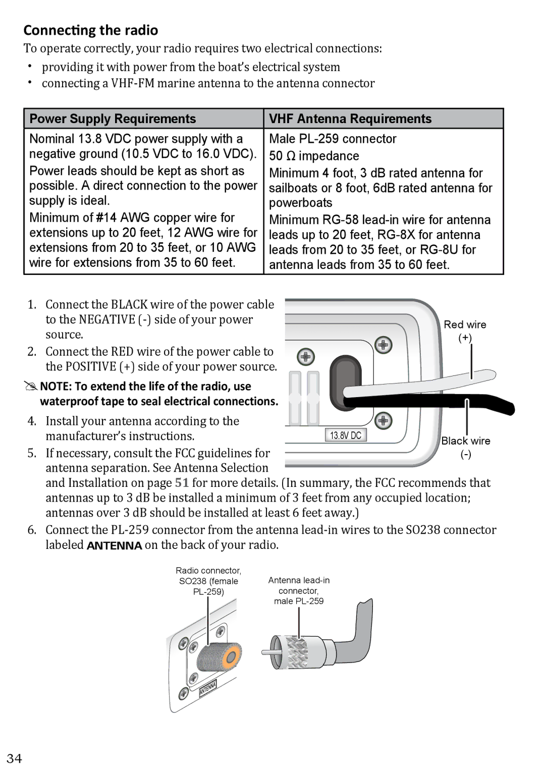 West Marine VHF580 manual Connecting the radio, Power Supply Requirements VHF Antenna Requirements 