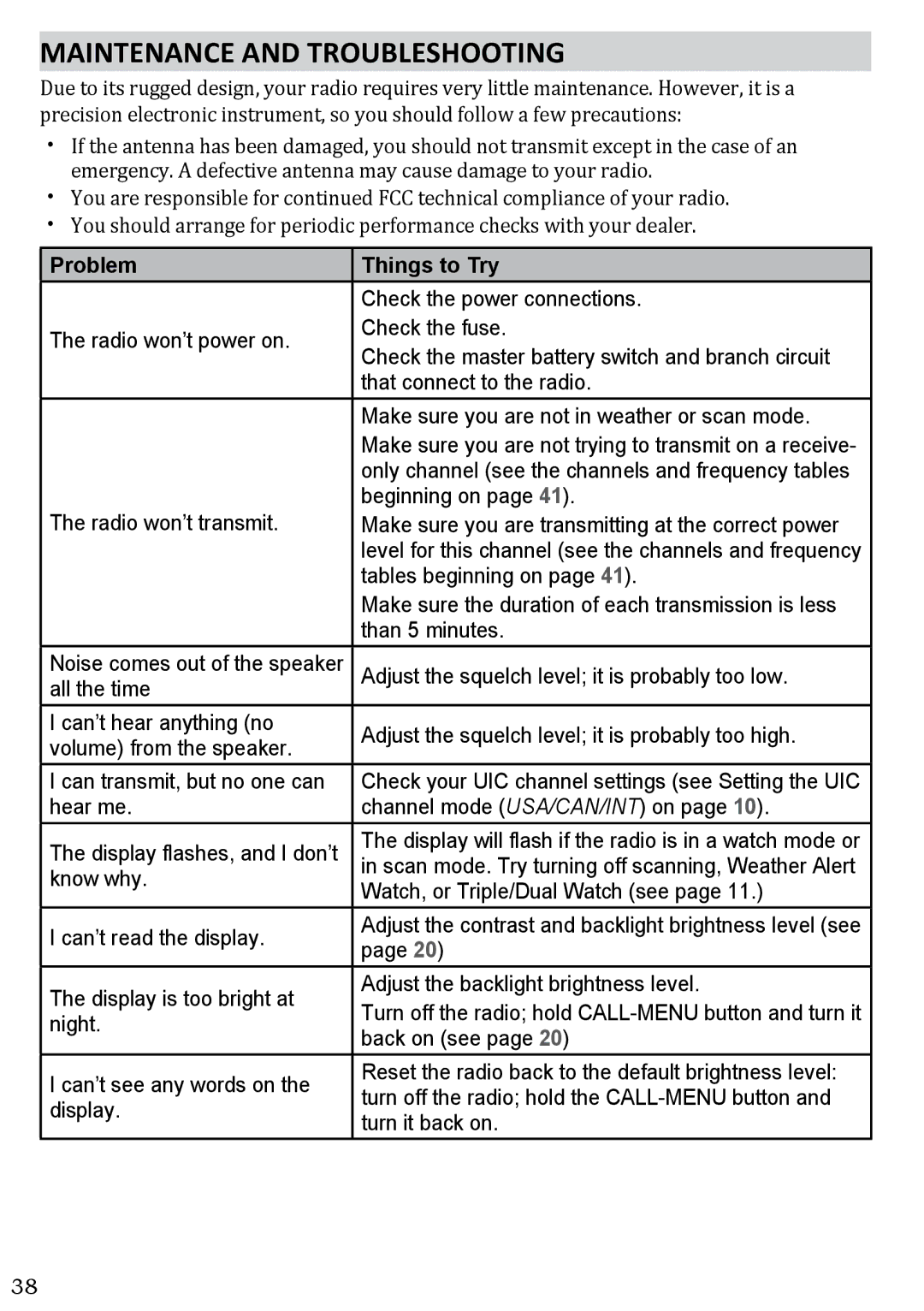 West Marine VHF580 manual Maintenance and Troubleshooting, Problem Things to Try 