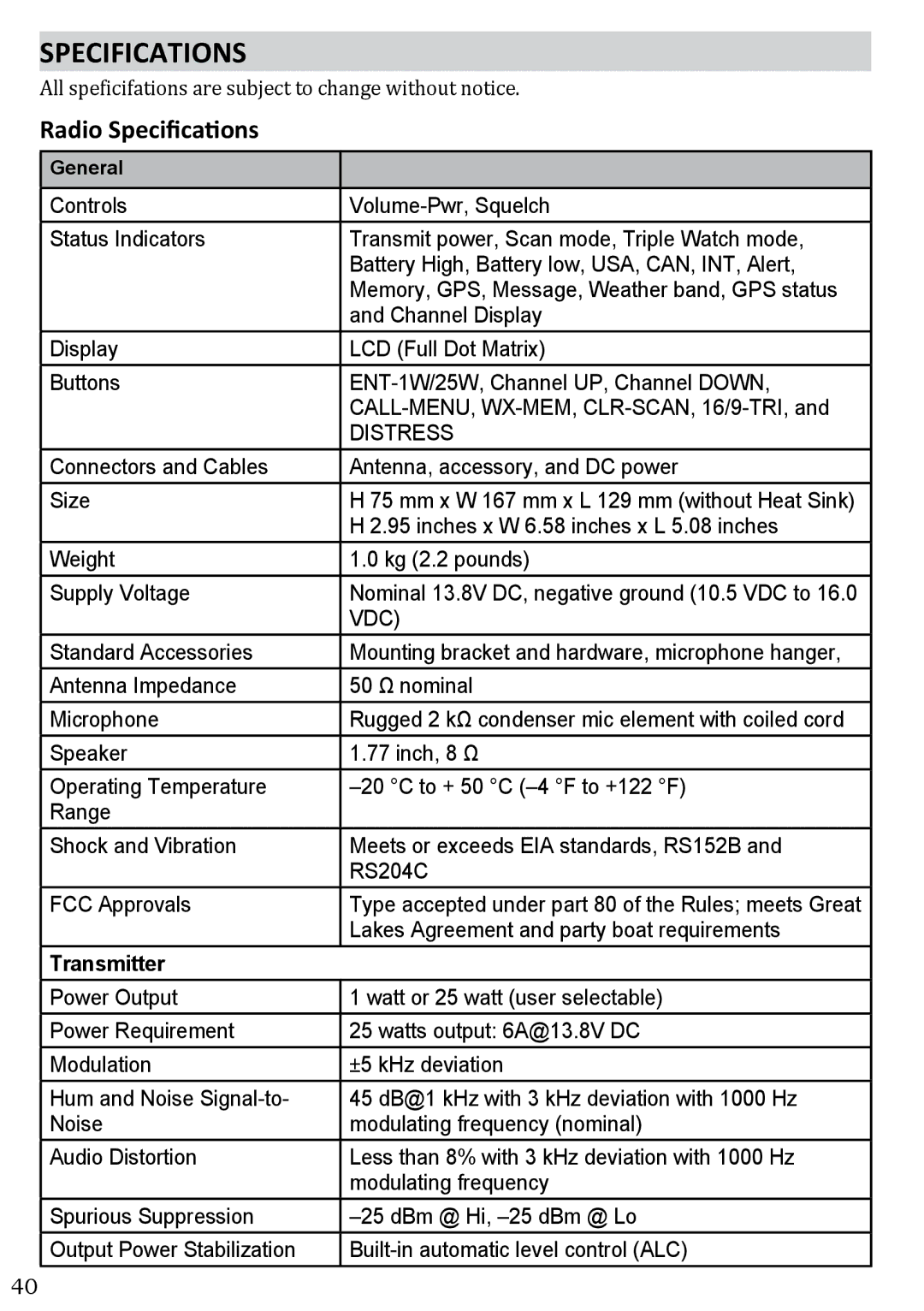 West Marine VHF580 manual Radio Specifications, Transmitter 