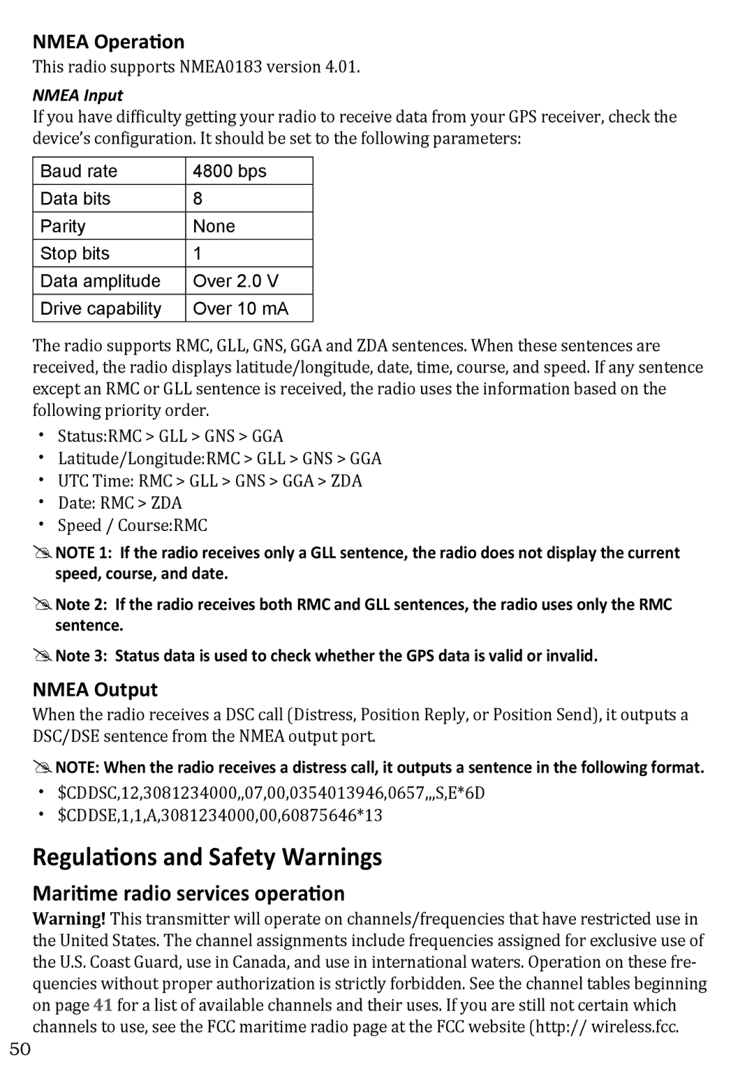 West Marine VHF580 manual Nmea Operation, Nmea Output, Nmea Input 