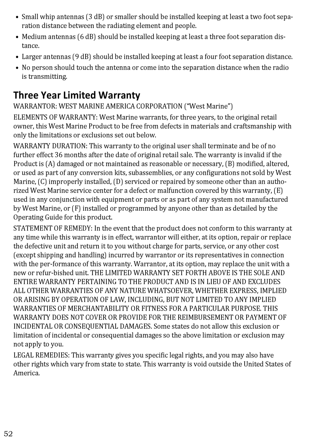 West Marine VHF580 manual Three Year Limited Warranty 