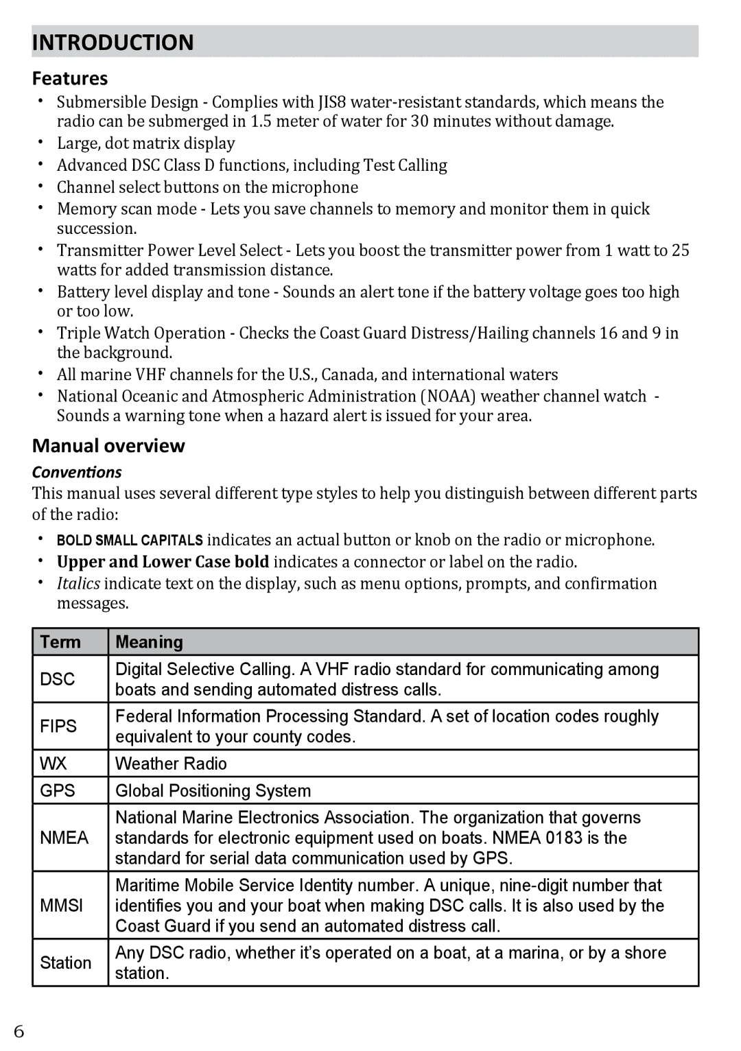 West Marine VHF580 manual Introduction, Features, Manual overview, Conventions, Term Meaning 