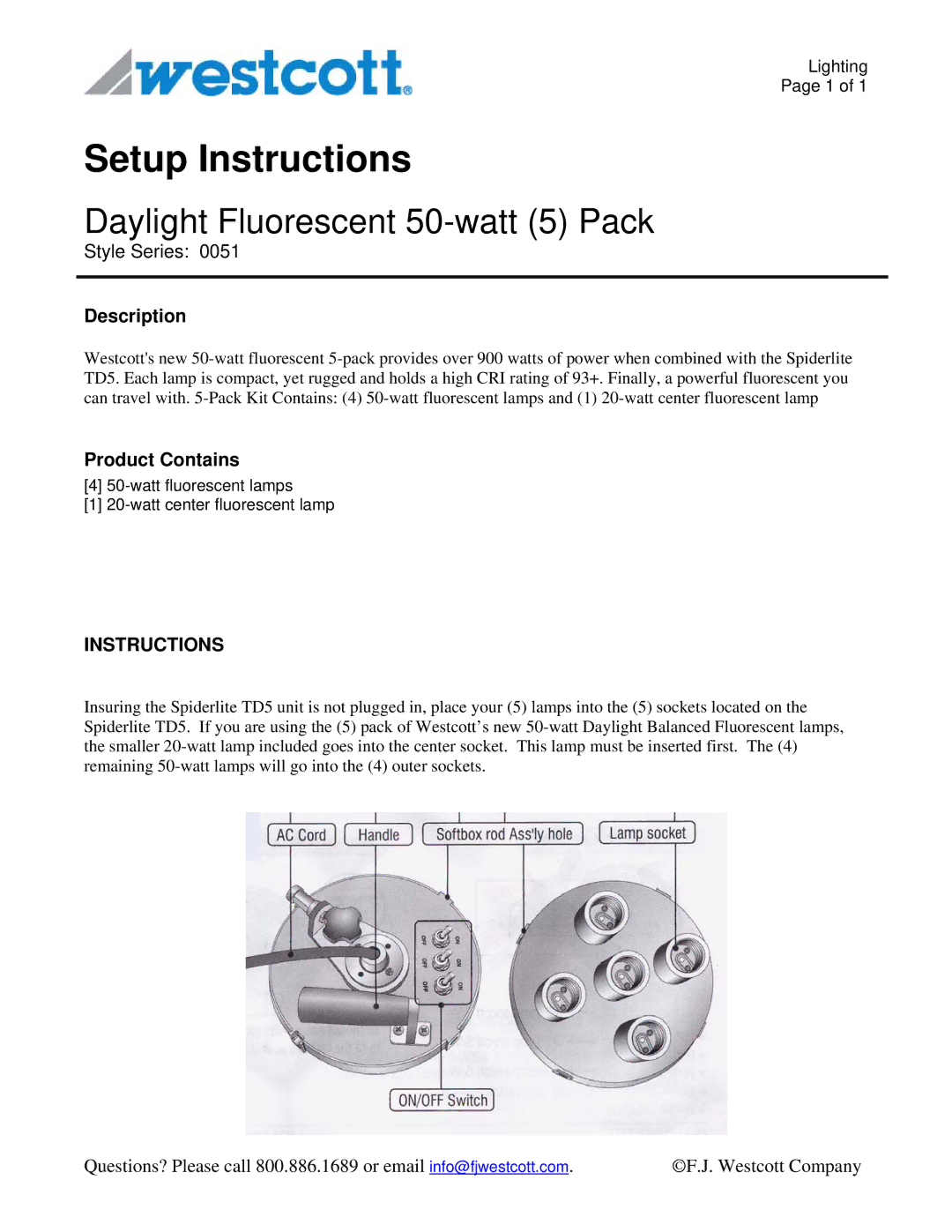 Westcott 0051 manual Setup Instructions, Daylight Fluorescent 50-watt 5 Pack, Description, Product Contains 