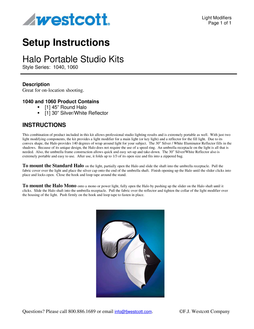 Westcott 1040, 1060 manual Setup Instructions, Halo Portable Studio Kits 