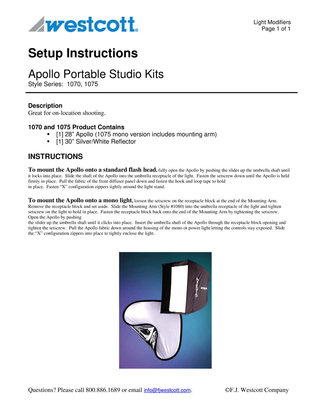 Westcott 1070, 1075 manual Setup Instructions, Apollo Portable Studio Kits 