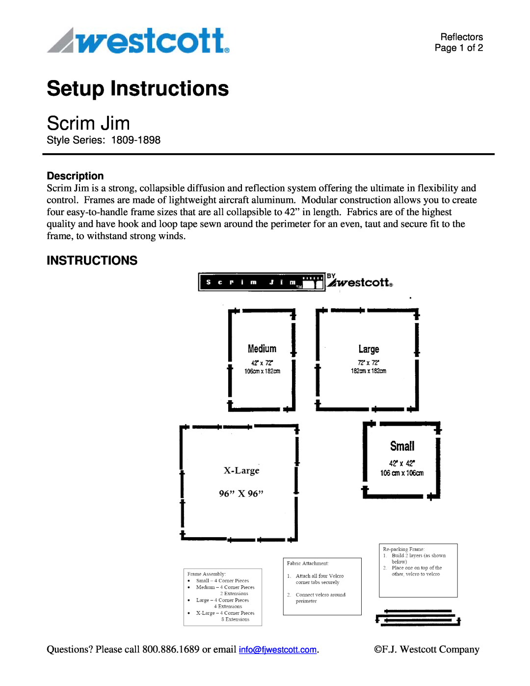 Westcott 1894 manual Setup Instructions, Scrim Jim, Description 