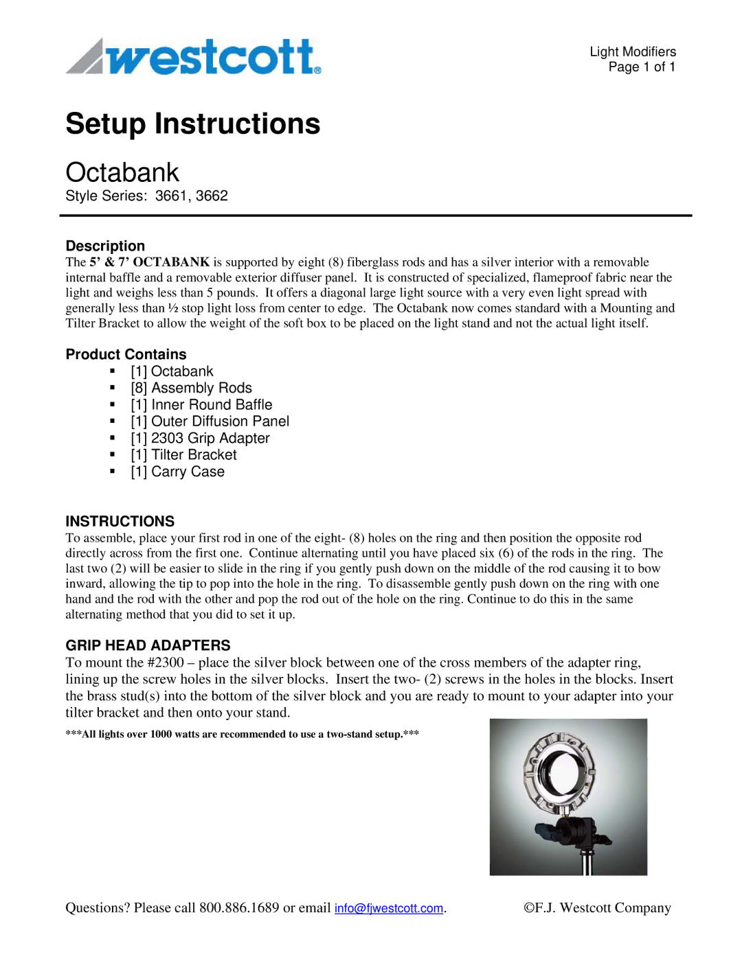 Westcott 3662, 3661 manual Setup Instructions, Octabank, Grip Head Adapters 