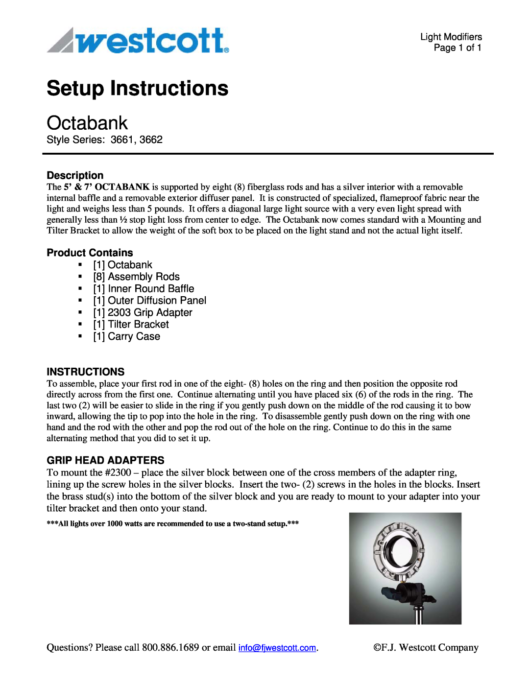 Westcott 3662 manual Setup Instructions, Octabank, Style Series 3661, Description, Product Contains, ƒ 1 Carry Case 