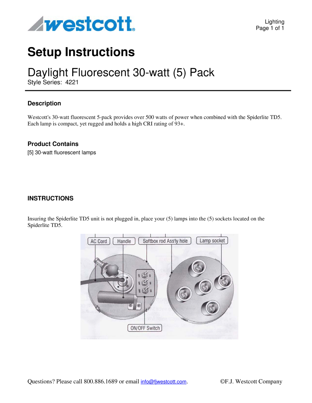 Westcott 4221 manual Setup Instructions, Daylight Fluorescent 30-watt 5 Pack, Description, Product Contains 