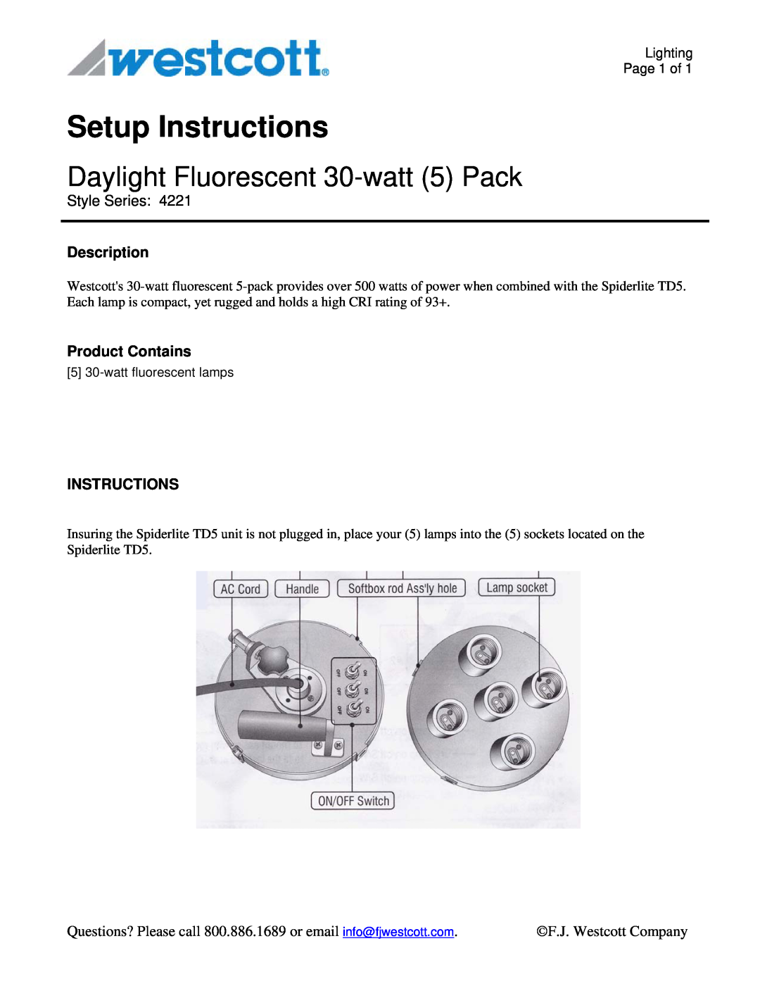 Westcott 4221 manual Setup Instructions, Daylight Fluorescent 30-watt 5 Pack, Style Series, Description, Product Contains 
