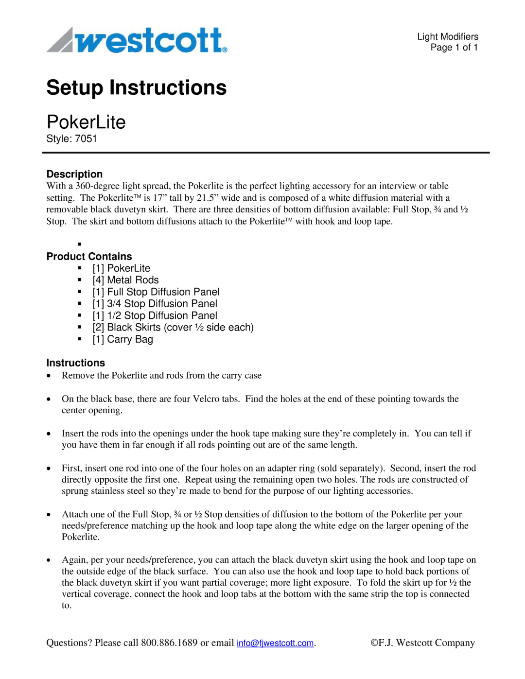 Westcott 7051 manual Setup Instructions, PokerLite, Description, Product Contains 