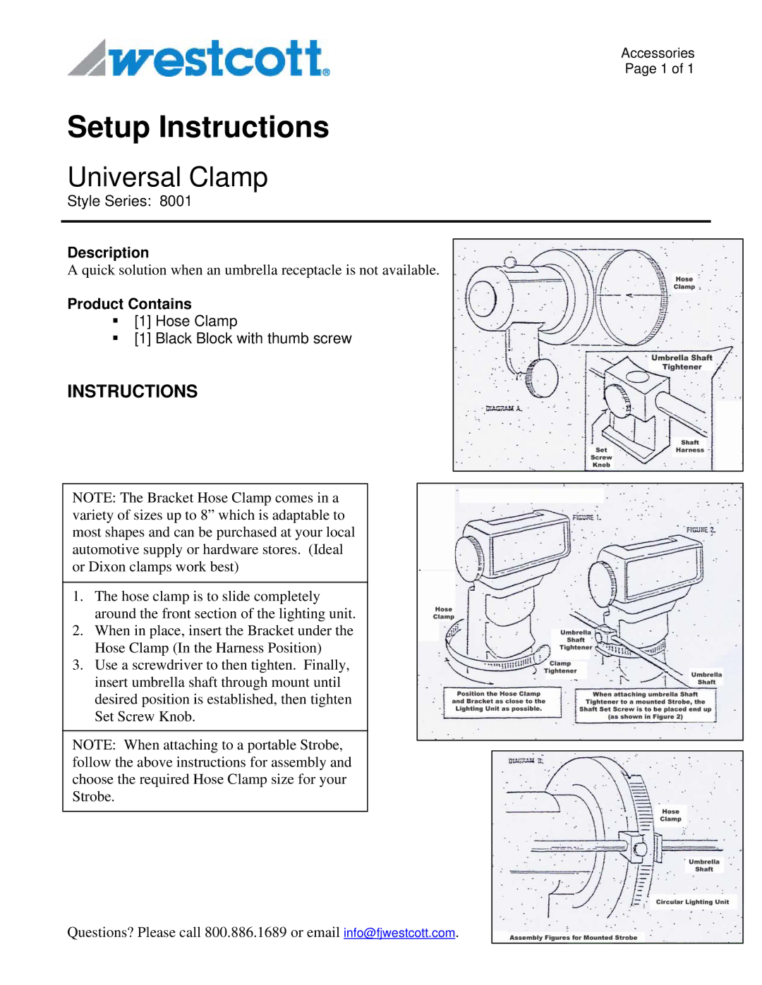 Westcott 8001 manual Setup Instructions, Universal Clamp 