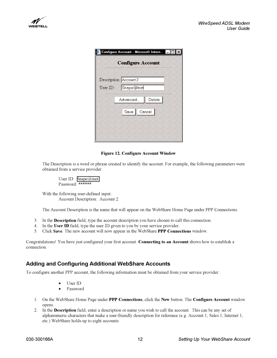 Westell Technologies 030-300166A iii manual Adding and Configuring Additional WebShare Accounts, Configure Account Window 