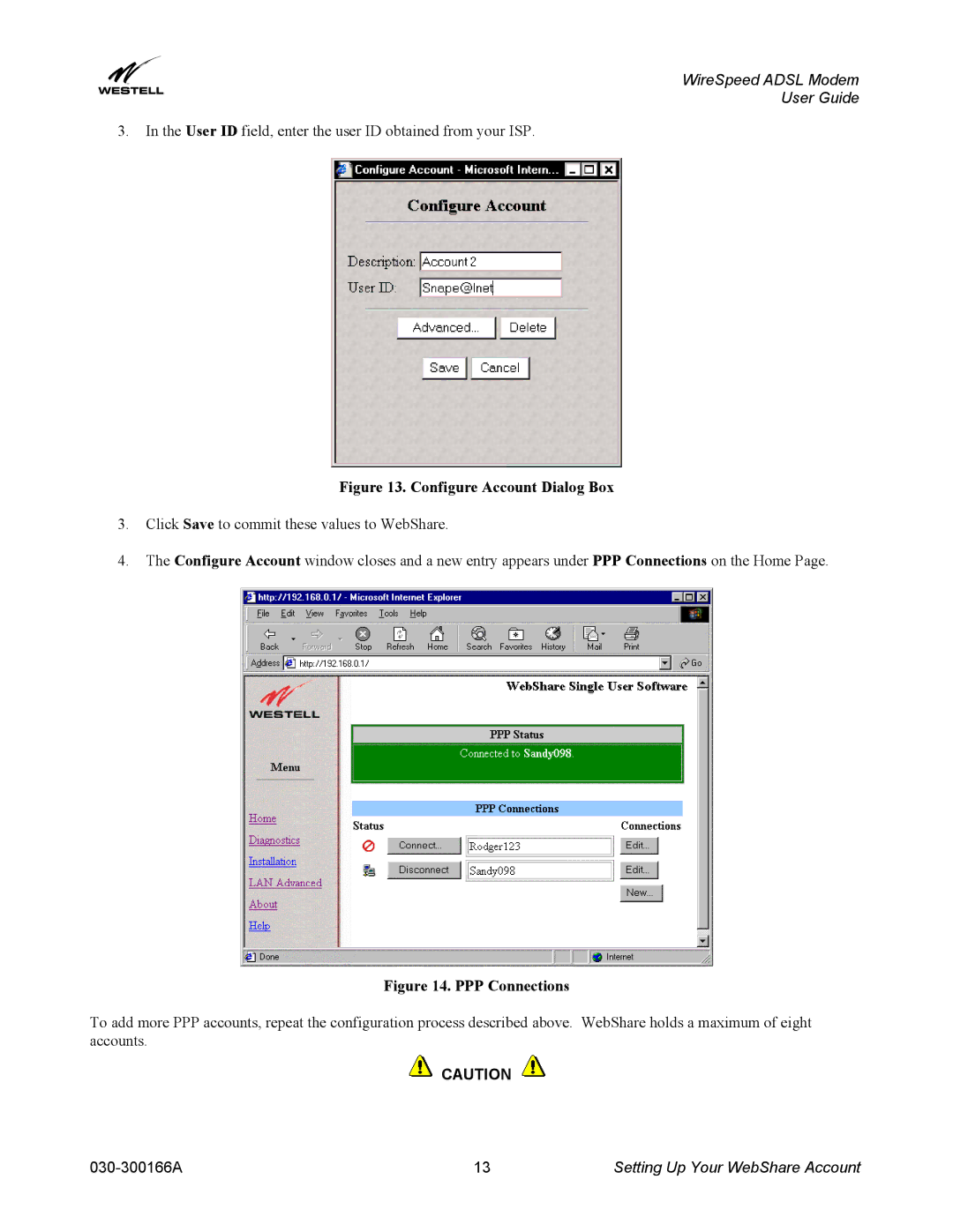 Westell Technologies 030-300166A iii manual Configure Account Dialog Box 