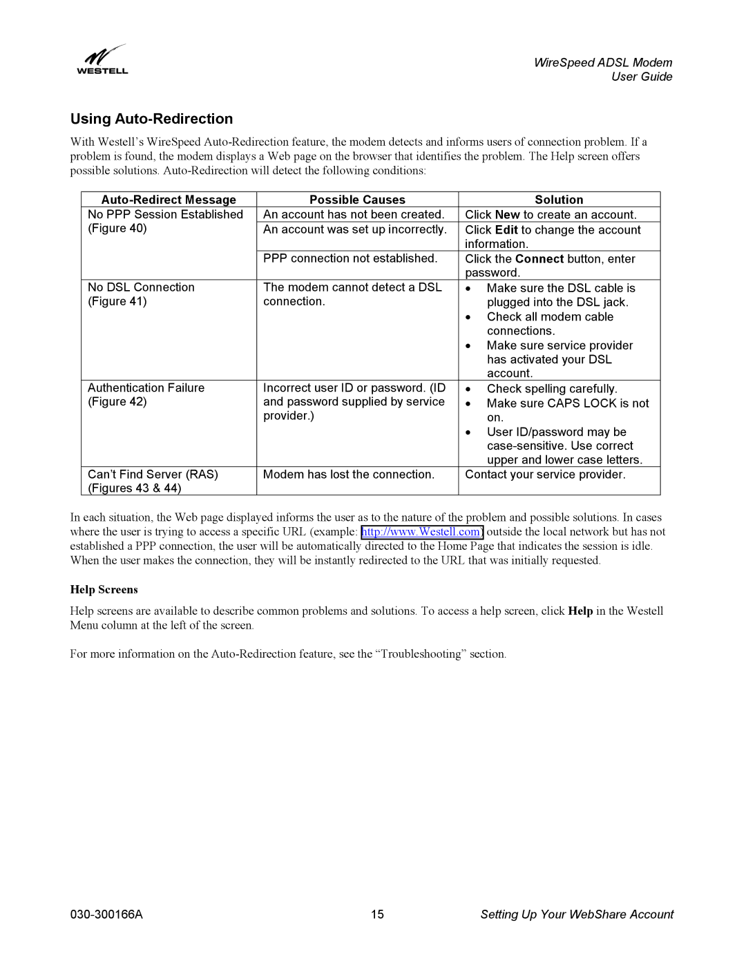 Westell Technologies 030-300166A iii manual Using Auto-Redirection, Help Screens 