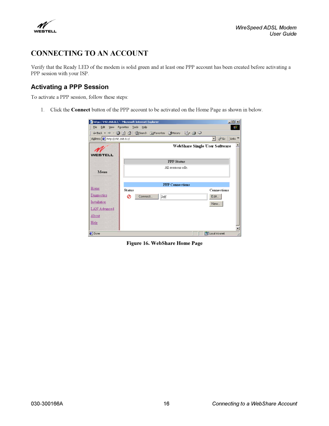 Westell Technologies 030-300166A iii manual Connecting to AN Account, Activating a PPP Session 