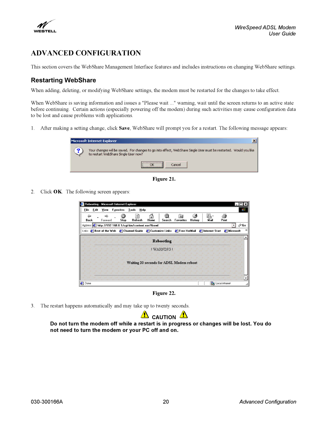 Westell Technologies 030-300166A iii manual Advanced Configuration, Restarting WebShare 