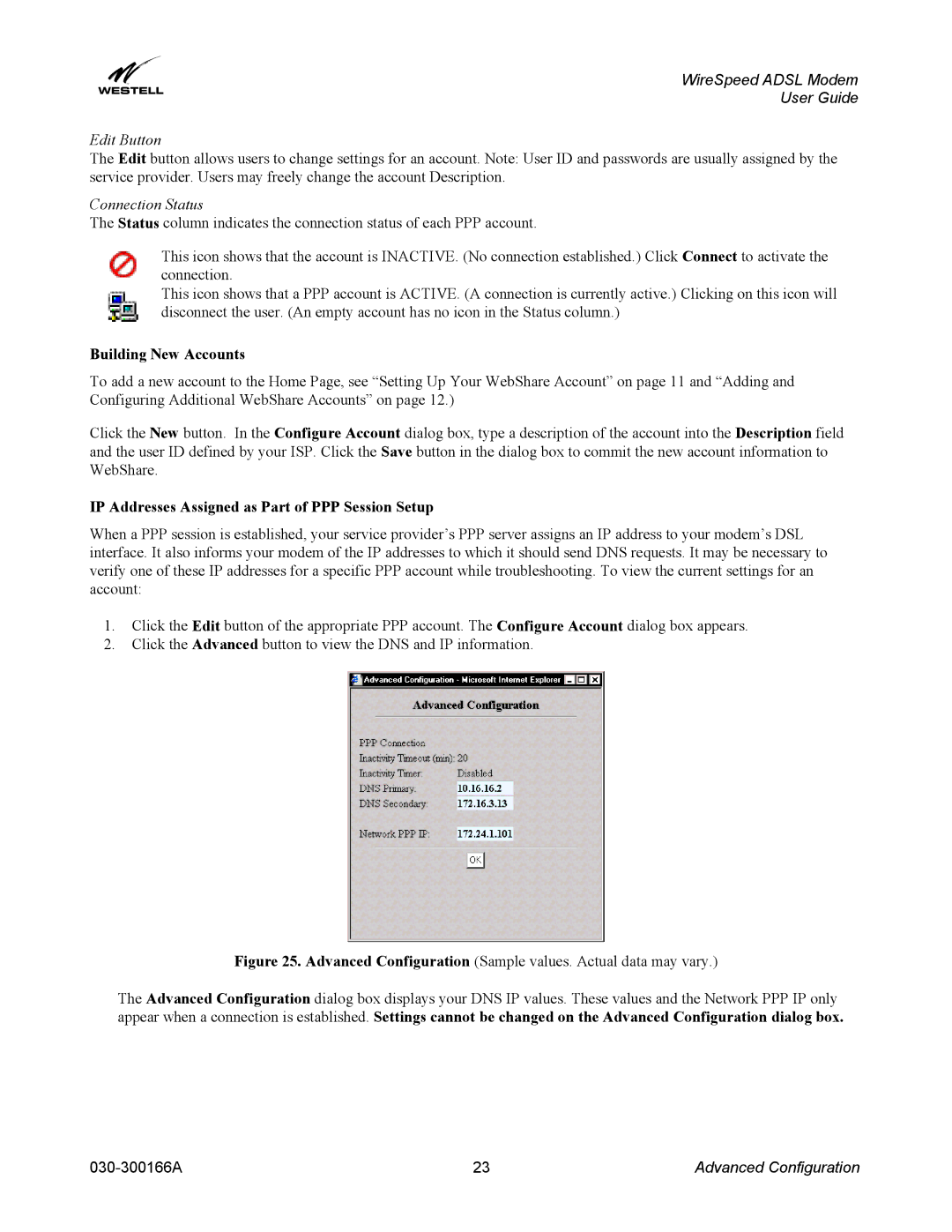 Westell Technologies 030-300166A iii manual Edit Button, Connection Status, Building New Accounts 