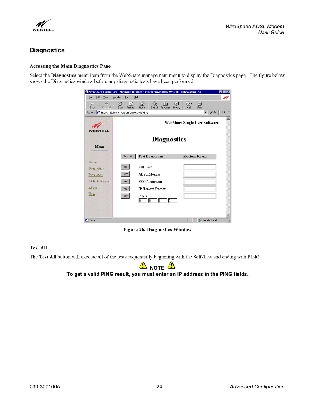 Westell Technologies 030-300166A iii manual Accessing the Main Diagnostics 