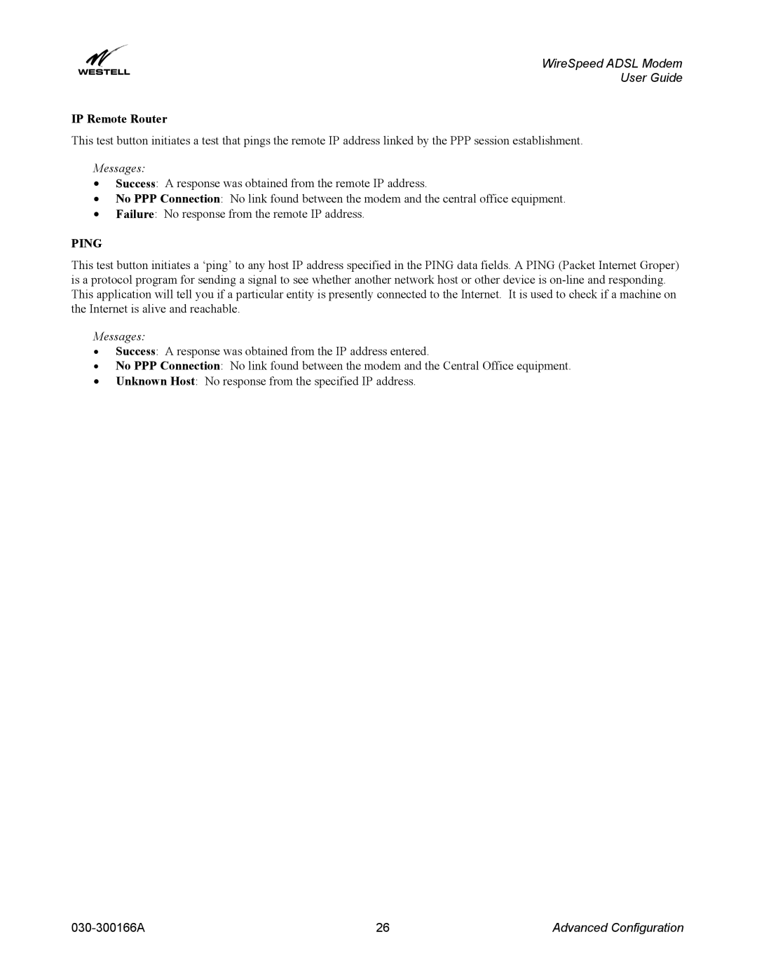 Westell Technologies 030-300166A iii manual IP Remote Router, Ping 