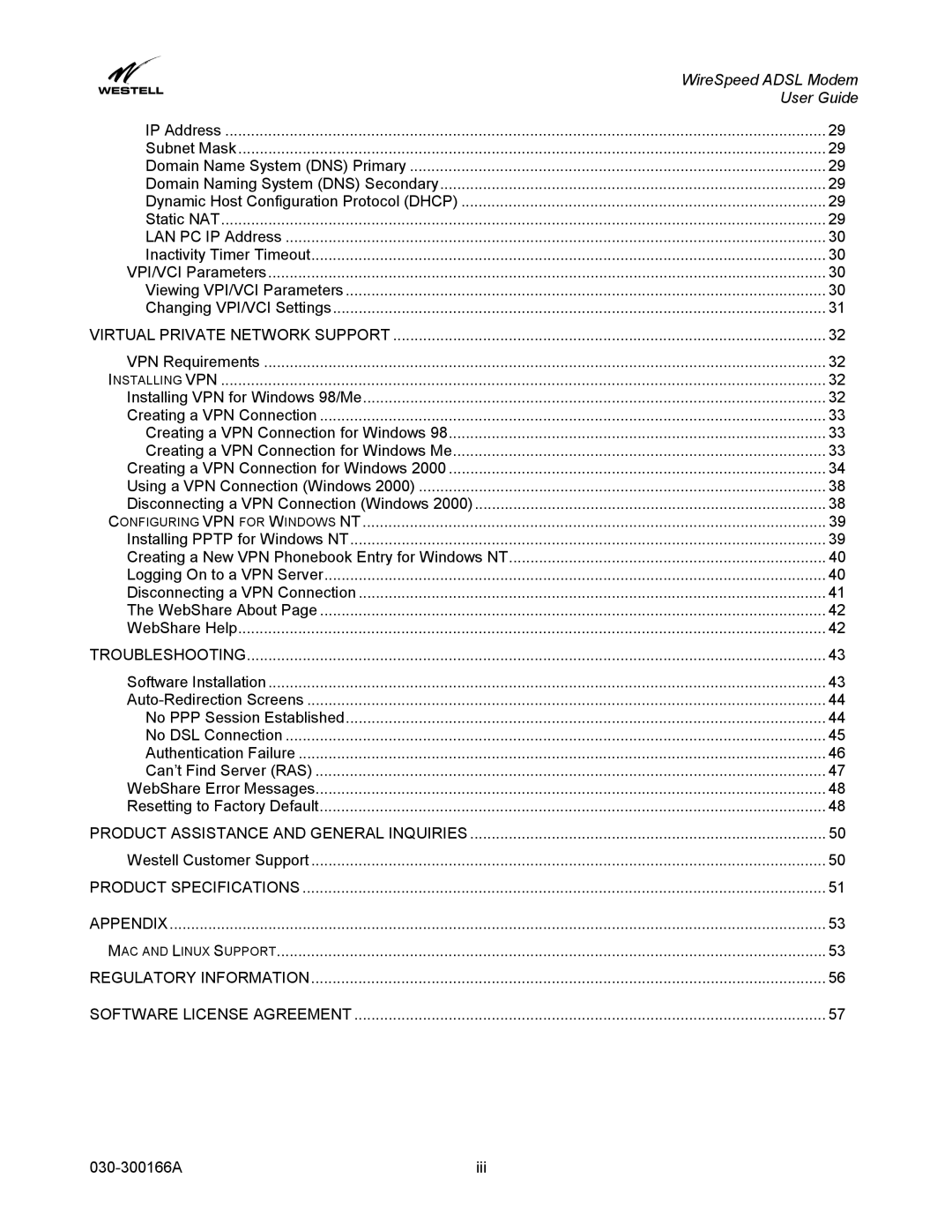 Westell Technologies 030-300166A iii manual WireSpeed Adsl Modem 