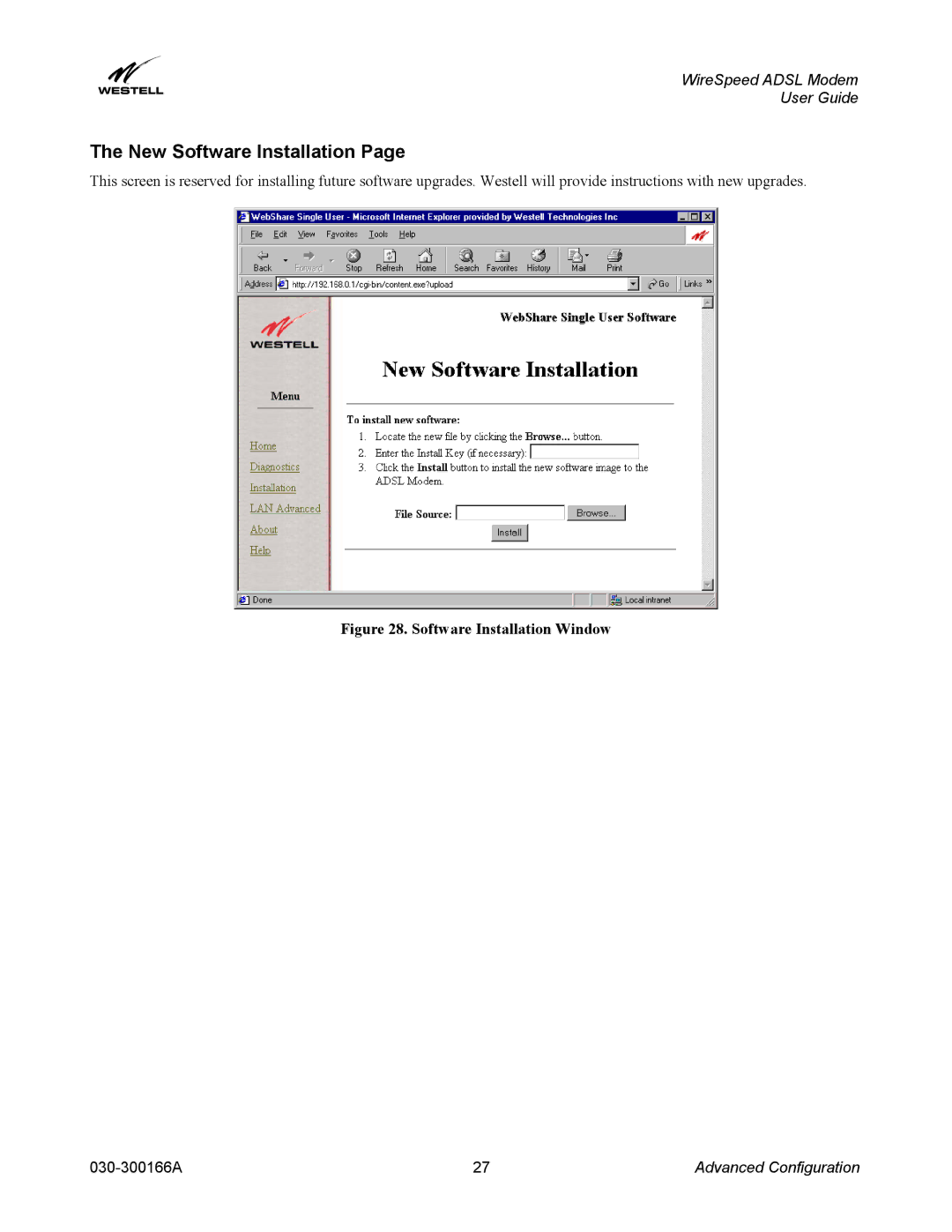 Westell Technologies 030-300166A iii manual New Software Installation, Software Installation Window 