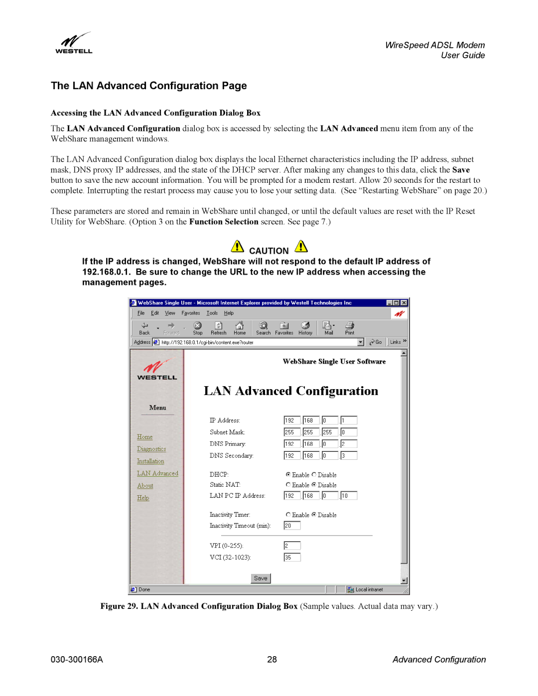 Westell Technologies 030-300166A iii manual Accessing the LAN Advanced Configuration Dialog Box 