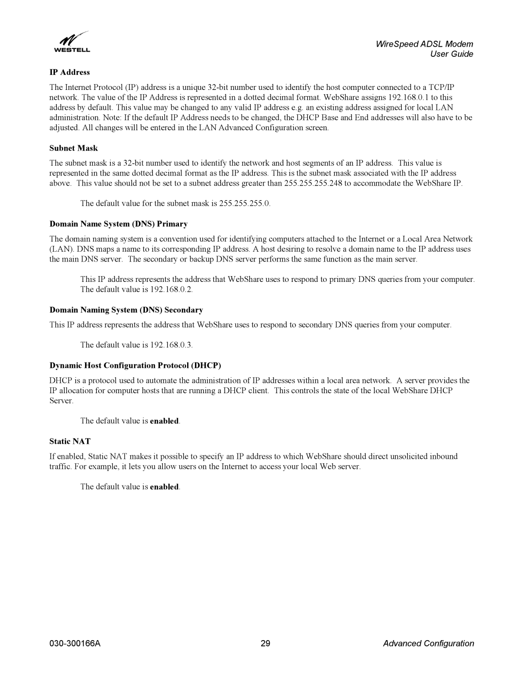 Westell Technologies 030-300166A iii manual IP Address, Subnet Mask, Domain Name System DNS Primary, Static NAT 