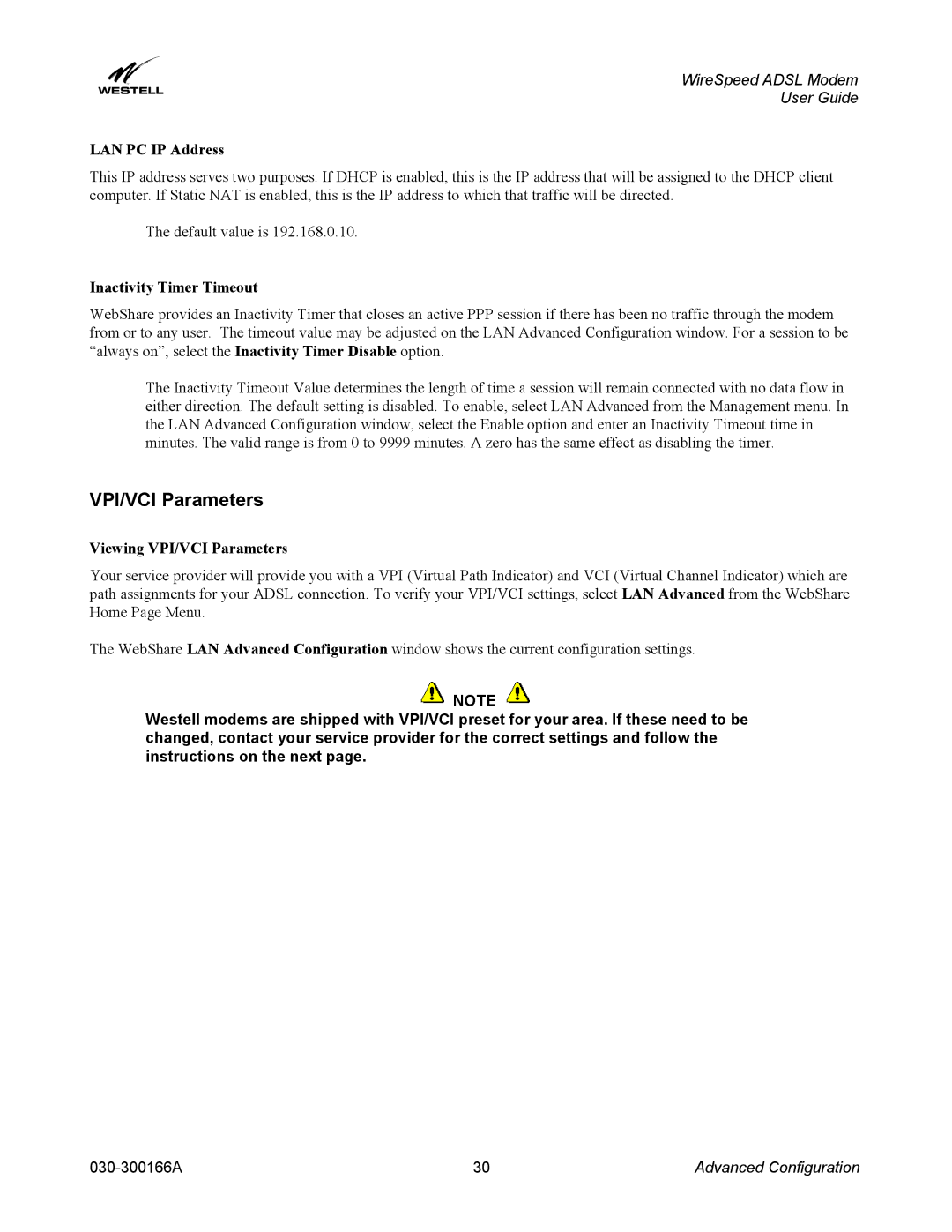 Westell Technologies 030-300166A iii manual VPI/VCI Parameters, LAN PC IP Address, Inactivity Timer Timeout 