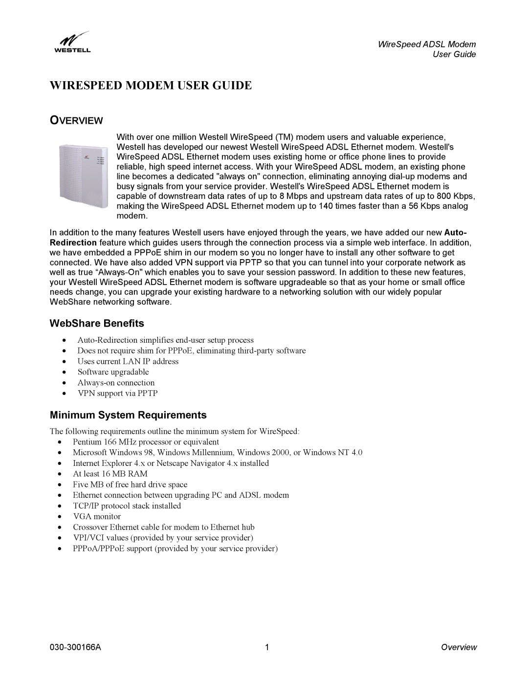 Westell Technologies 030-300166A iii manual Wirespeed Modem User Guide, WebShare Benefits, Minimum System Requirements 