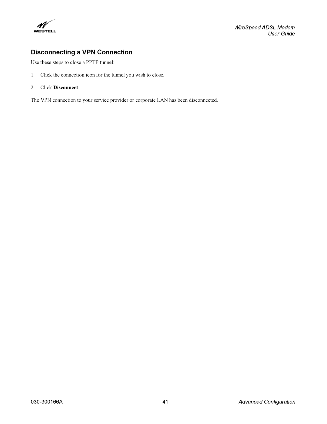 Westell Technologies 030-300166A iii manual Disconnecting a VPN Connection, Click Disconnect 