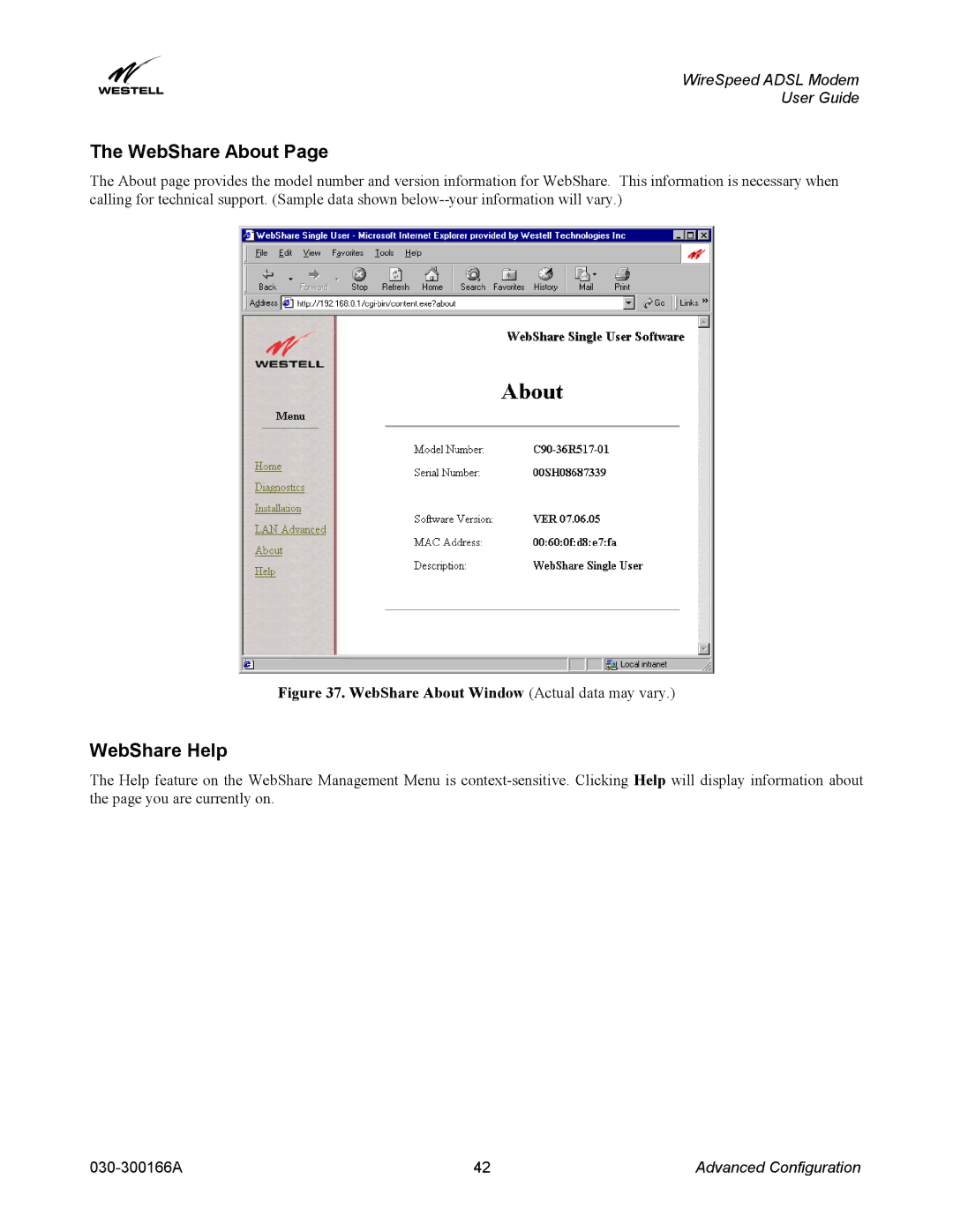 Westell Technologies 030-300166A iii manual WebShare About, WebShare Help 